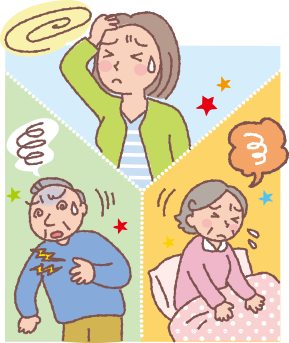 めまいや動悸で苦しんでいる男性・女性のイラスト