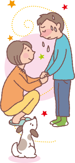 赤面、発汗する子どもを安心させようとする保護者のイラスト